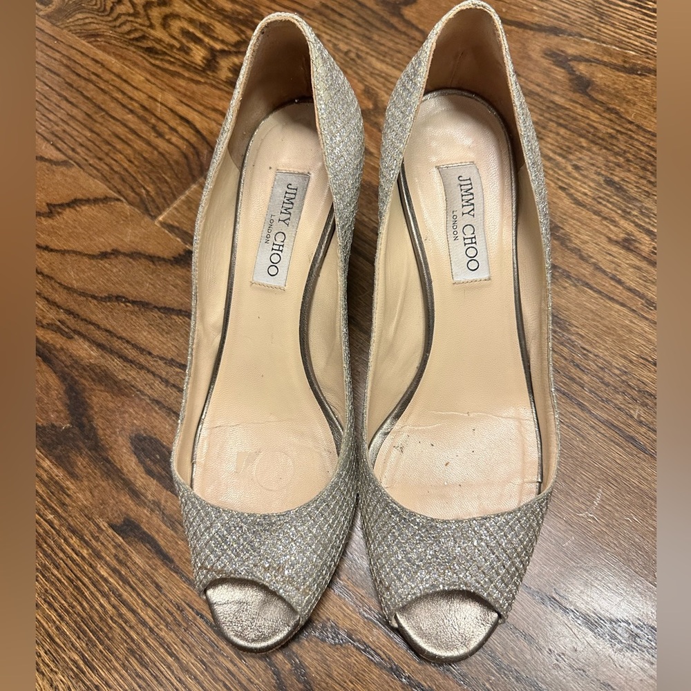 Jimmy Choo Metallic Glitter Peep Toes